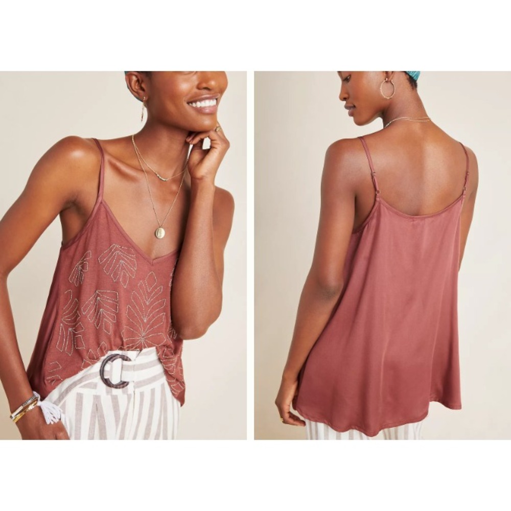 Anthropologie Tank Top Alison Beaded Sz XS Drapey Sleeveless Cacao Brown Boho